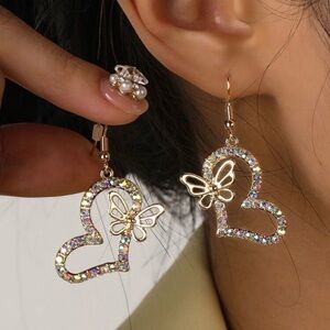 Butterfly Heart Earrings 1.25” long with rhinestones